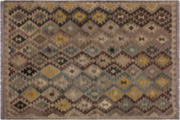 Flat Weave Kilim, Antique, Navaho, Vintage, Handmade, Geometric Kilim Tan Green Hand-Woven Rectangle 100% Wool Area Rug 6 x 8